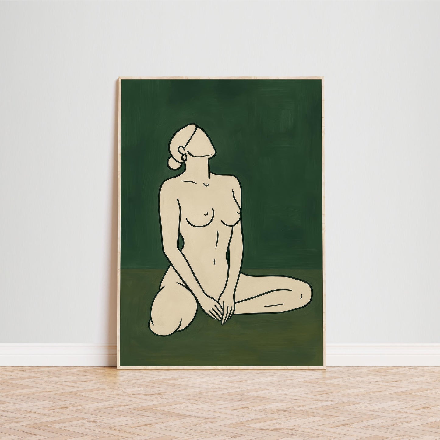 Minimalist Nude Line Art Feminine Silhouette Print – Green Wall Art Poster