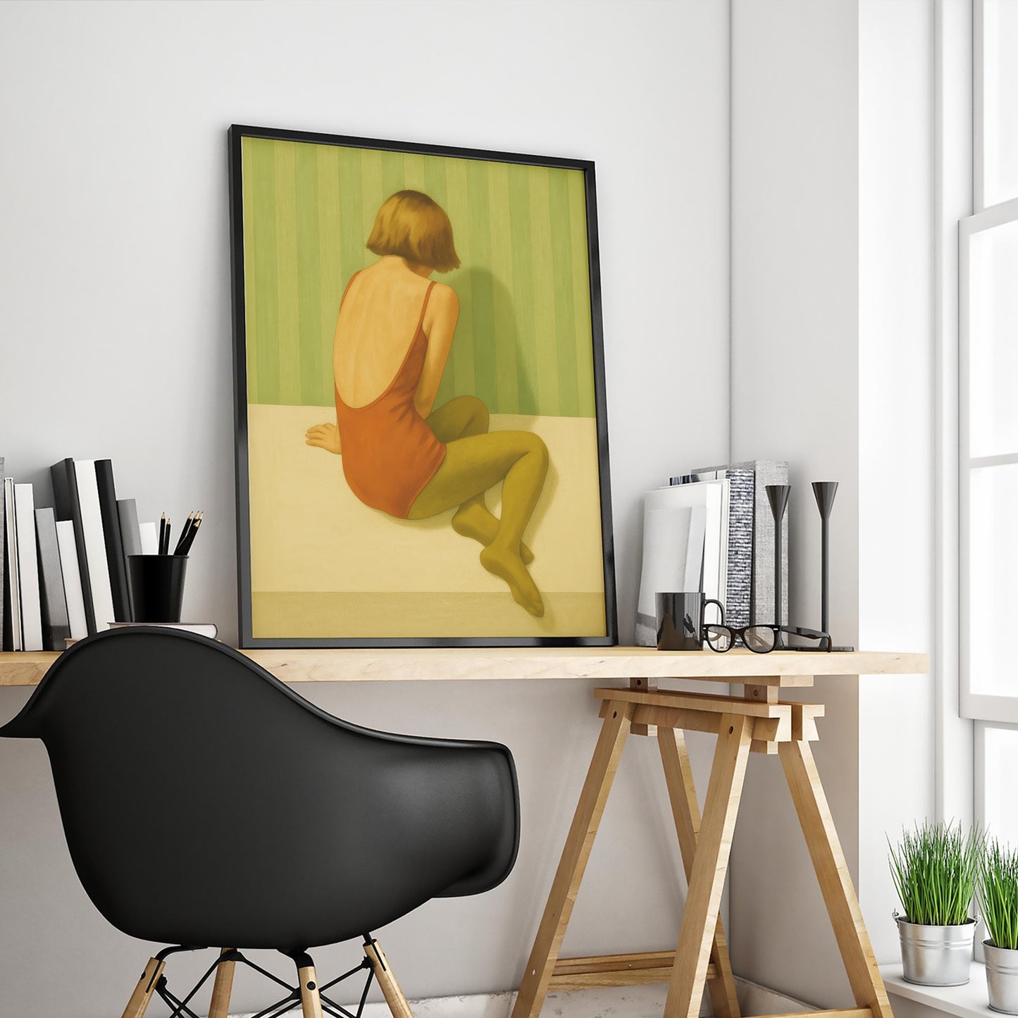 Minimalist Retro Wall Art – Vintage Style Print With Sitting Woman Art