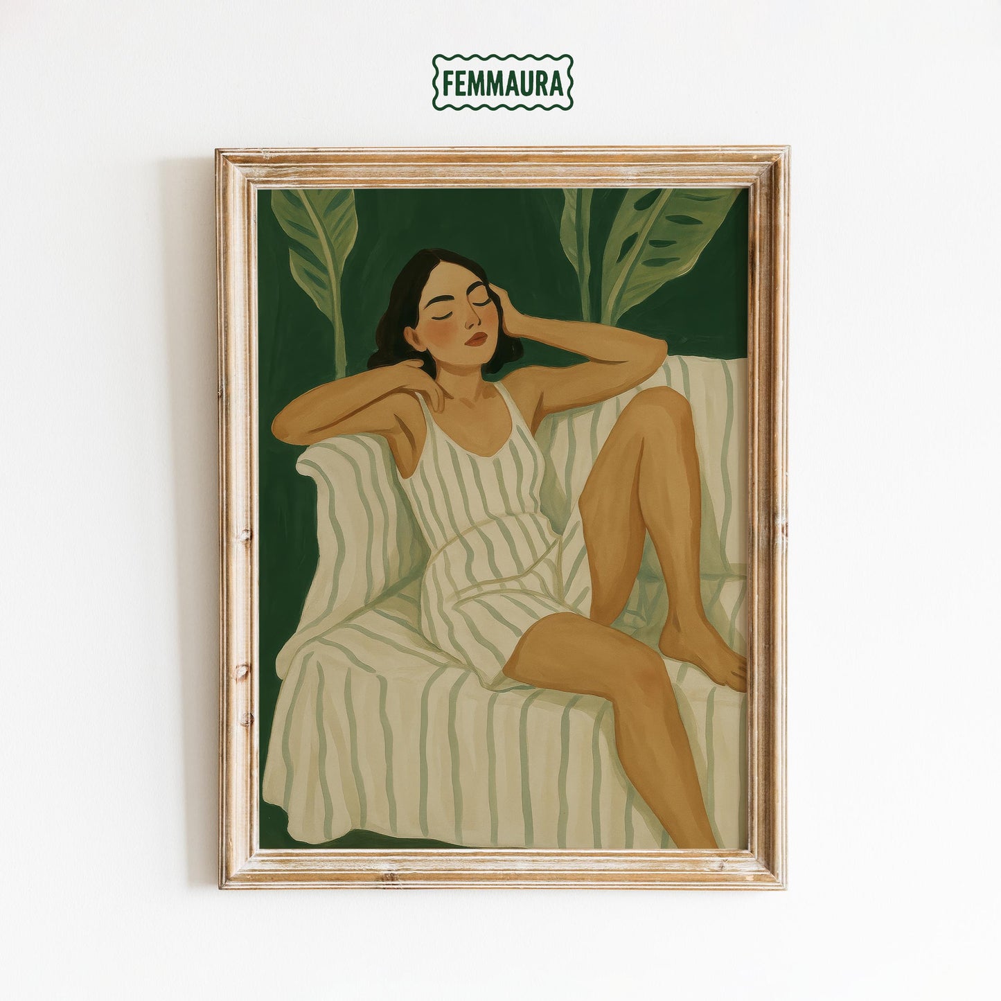 Relaxed Woman Art Print – Striped Dress Cozy Room Decor | Serene Green Botanical Wall