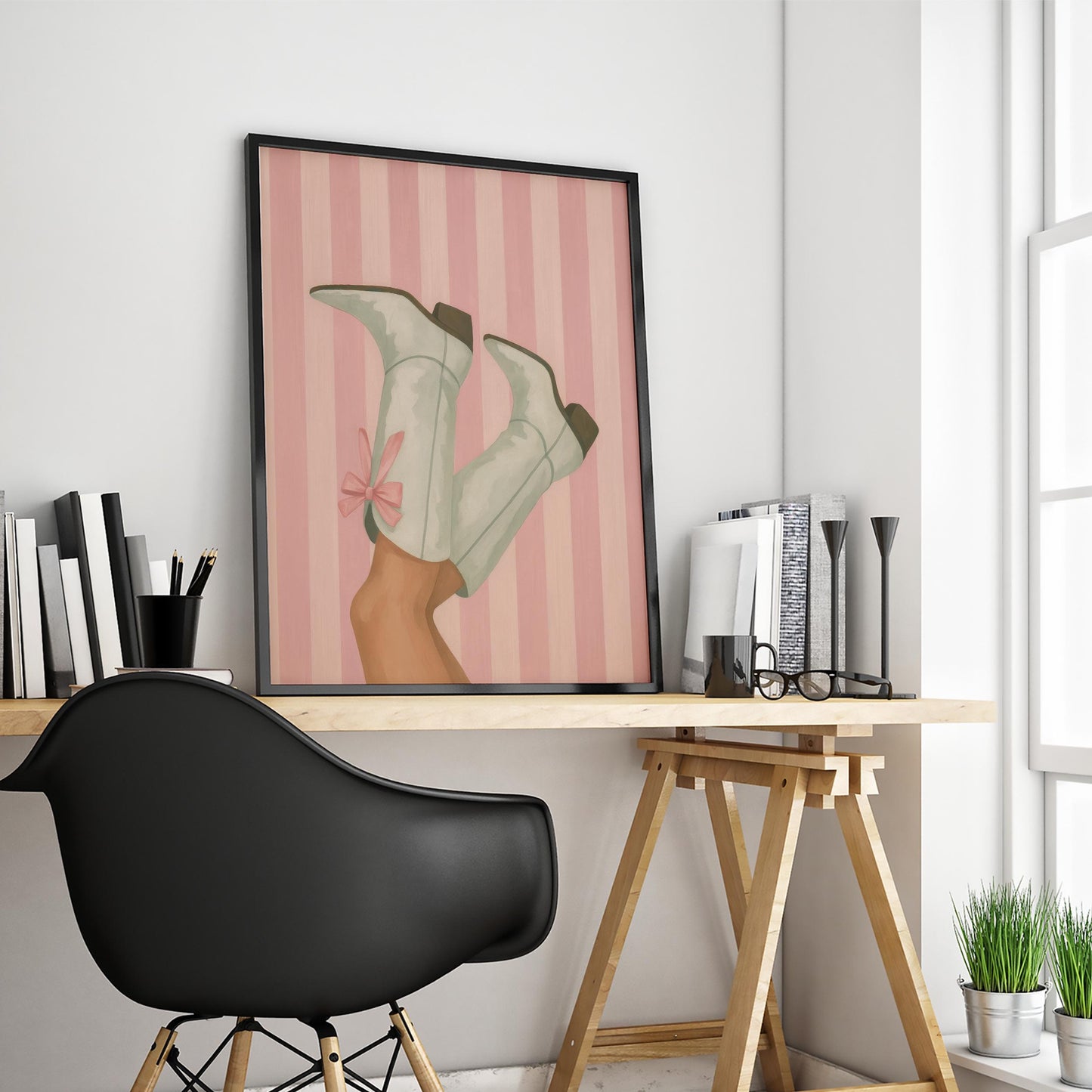 White Cowgirl Boots Feminine Western Art – Pink Striped Poster with Bow