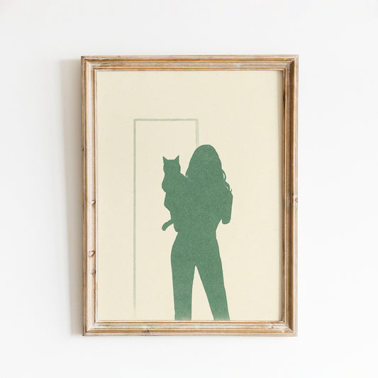 Woman and Cat Silhouette Poster – Minimal Line Art Print, Femmaura Bold Series