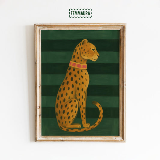Golden Leopard Wall Art - Elegant Animal Print on Green Striped Poster