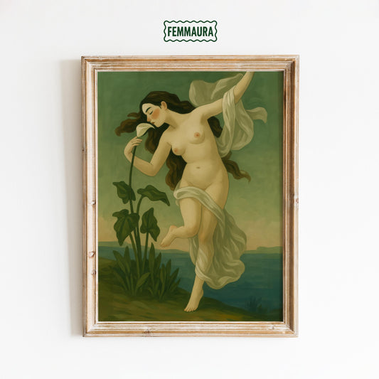Nude Goddess Poster – Romantic Wall Art With White Lily & Mythical Elegance