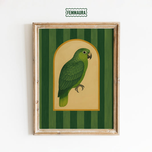 Green Parrot Wall Art – Vintage Jungle Bird Print With Striped Background