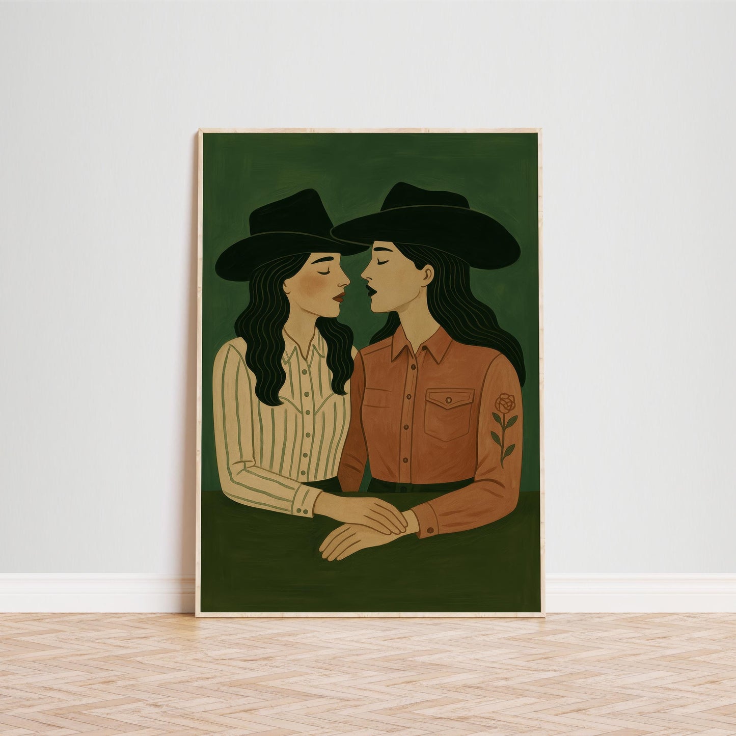 Cowgirl Lovers Poster – Queer Western Art With Rose Embroidery Detail