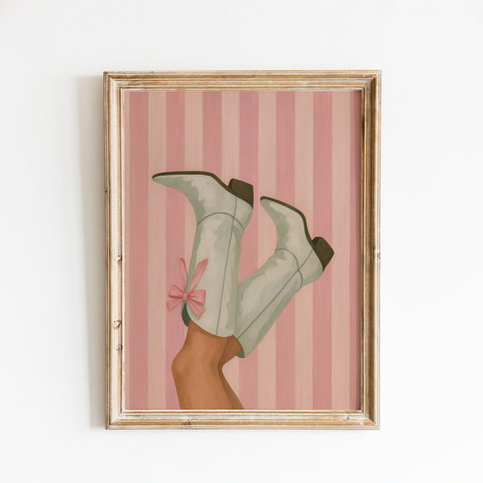 White Cowgirl Boots Feminine Western Art – Pink Striped Poster with Bow