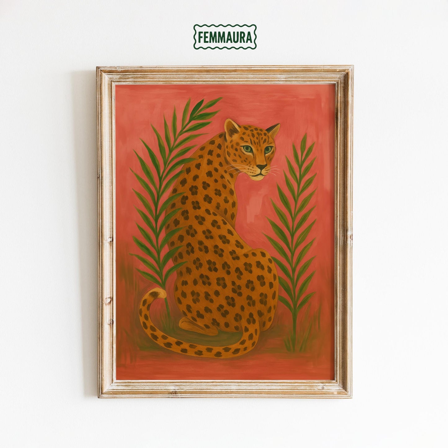 Golden Leopard Wall Art – Vibrant Red Background With Palm Leaf Artwork Print