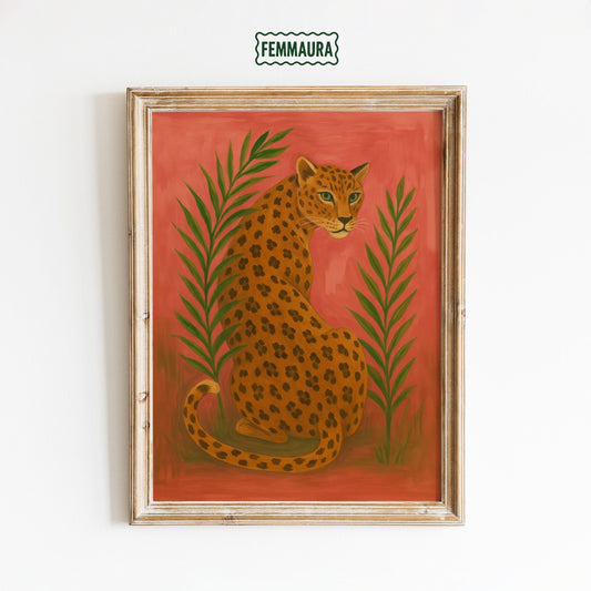 Golden Leopard Wall Art – Vibrant Red Background With Palm Leaf Artwork Print