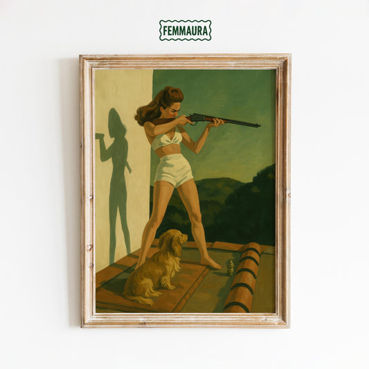 Retro Woman Rifle Poster – Feminine Power Art | Green Tone Wall Art