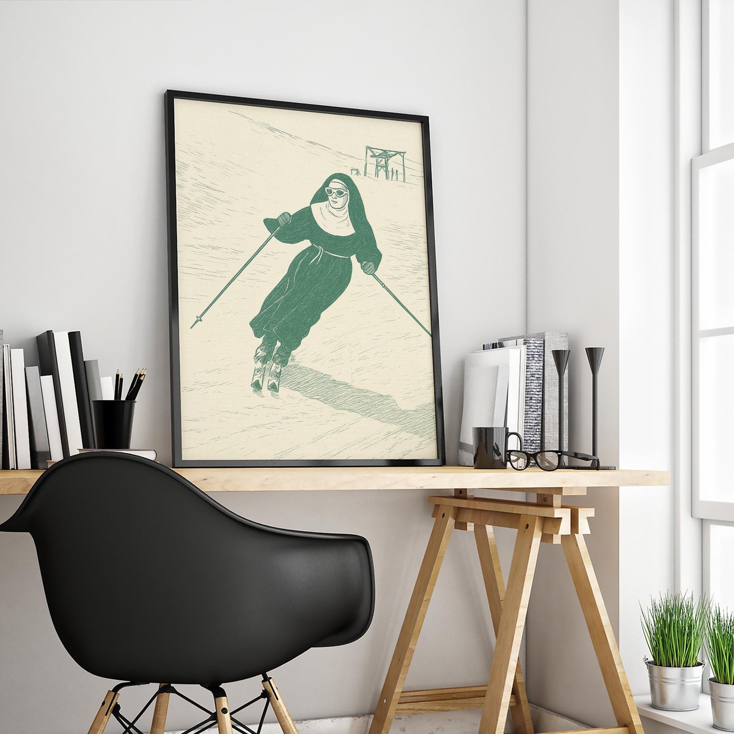 Skiing Nun Poster – Retro Humorous Wall Art, Minimal Green Line Print