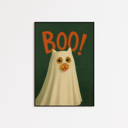 Ghost Cat Poster – Funny Halloween Wall Art | Playful Boo Cat Illustration