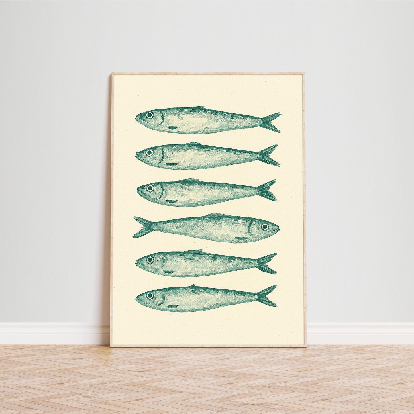 Mediterranean Kitchen Wall Art – Coastal Vintage Sardine Poster | Olive Green Print