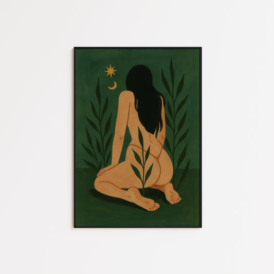 Botanical Nude Wall Art – Mystical Feminine Print | Moon Garden Art Decor