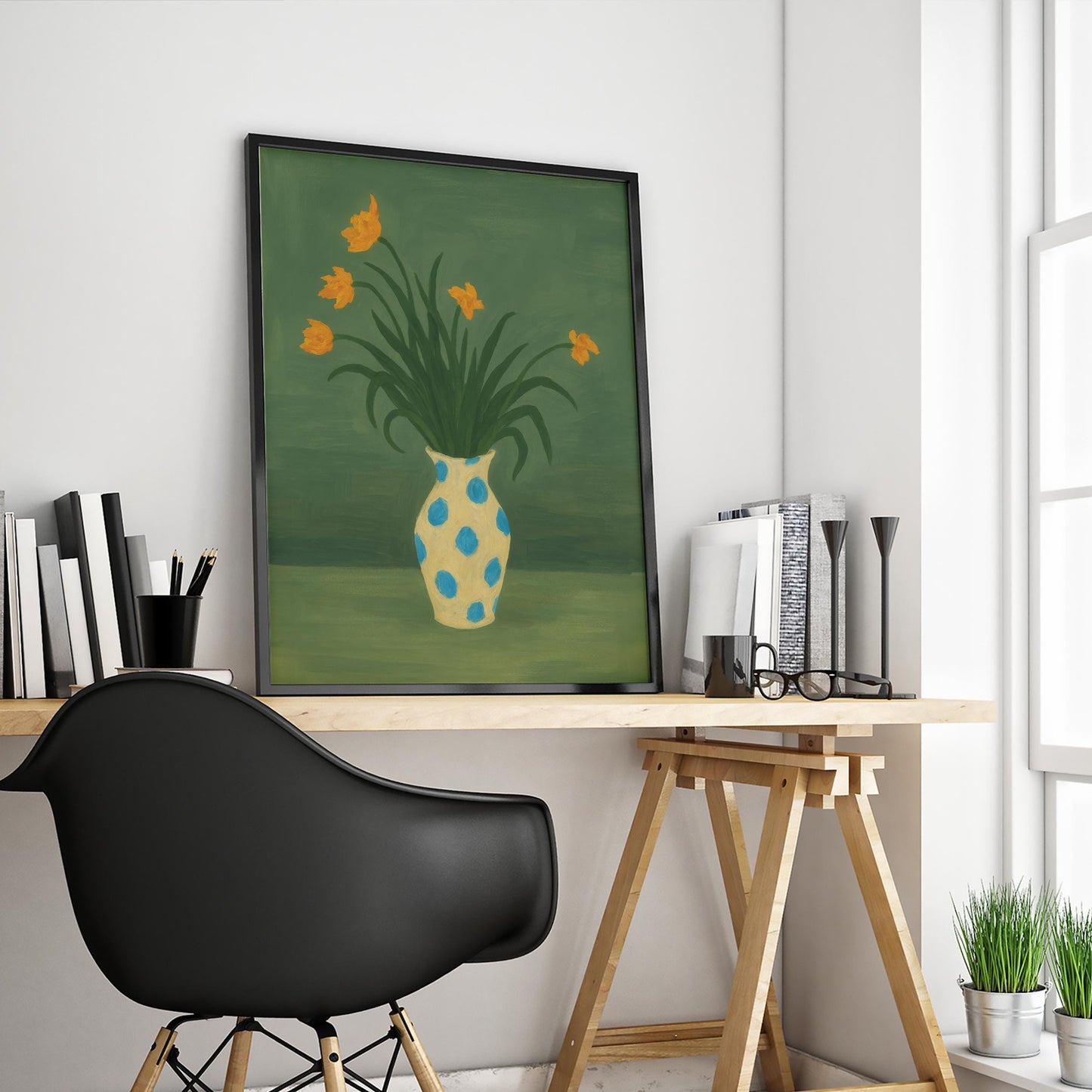 Yellow Tulips Wall Art – Playful Floral Bouquet in Blue Dot Vase Print