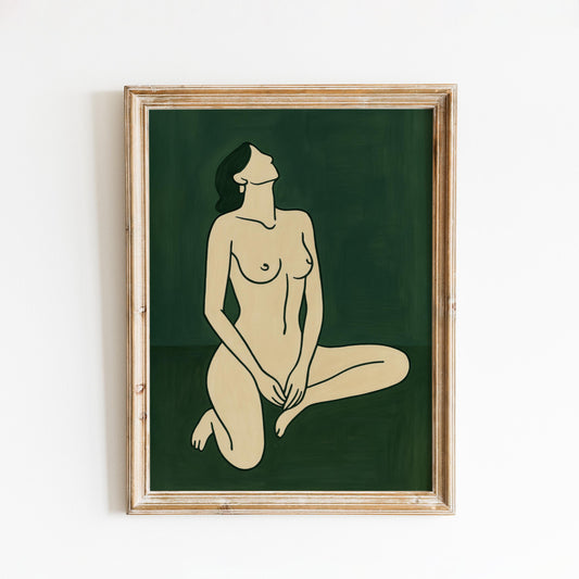 Minimalist Nude Poster – Modern Line Drawing Female Wall Art in Earthy Green
