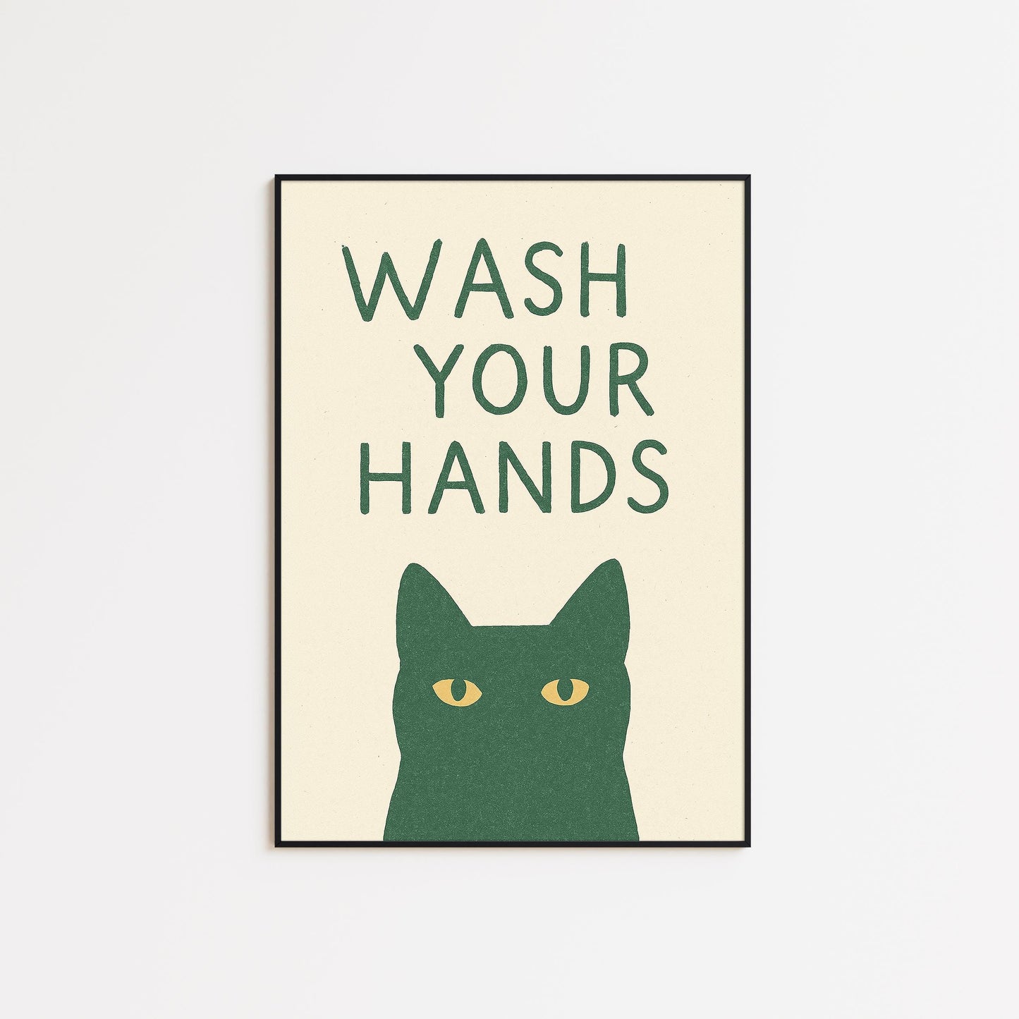 Wash Your Hands Cat Poster – Funny Bathroom Wall Art in Minimal Green