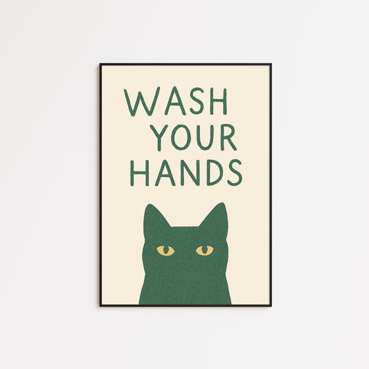 Wash Your Hands Cat Poster – Funny Bathroom Wall Art in Minimal Green
