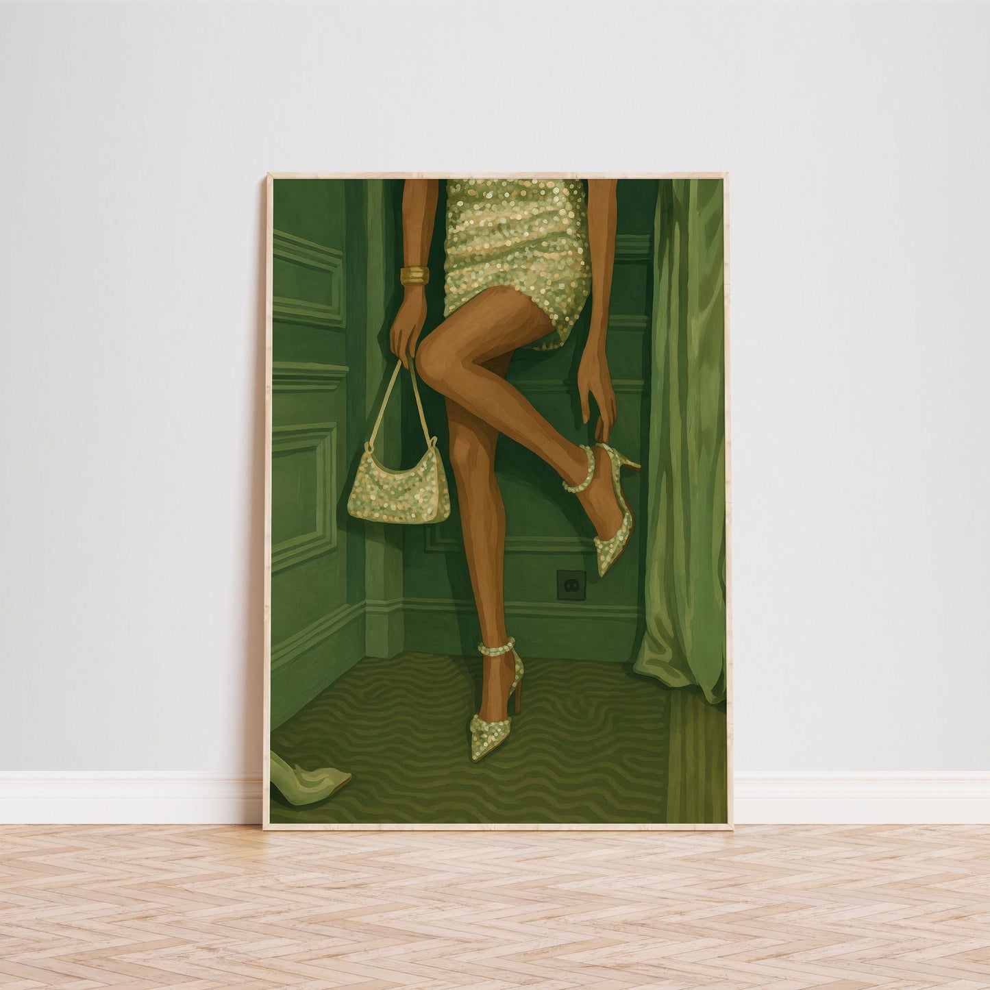 Feminine Wall Art – Glam Legs Artwork in Green Tone Poster with Pearl Dress Print